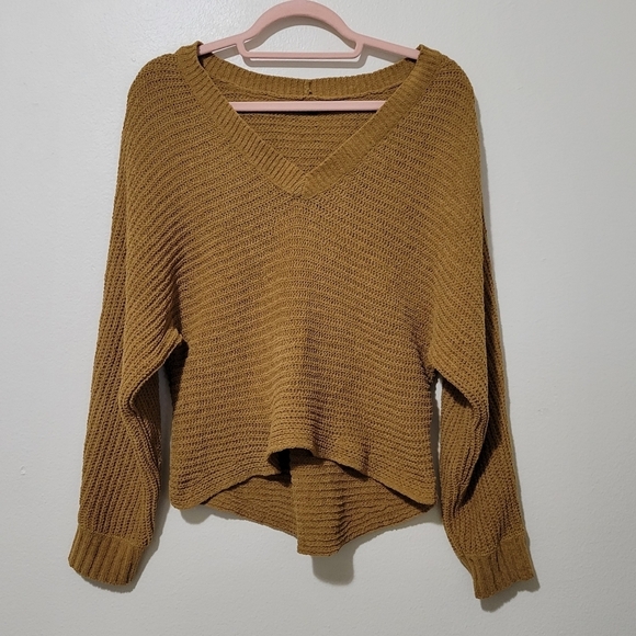 American Eagle Brown Tan Boho Cropped Ribbed Oversized Sweater Medium - Picture 1 of 11